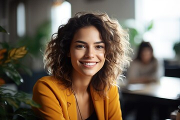 Wall Mural - Smiling attractive confident professional woman posing at her business office with her coworkers and employees in the background