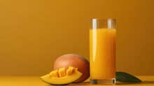 Glass Of Mango Juice On Light Table. Space For Text
