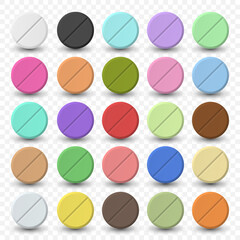 Wall Mural - Vector Realistic Round Pharmaceutical Medical Pills, Tablets, Vitamins, Capsule Set Closeup Isolated. Pills Design Template, Collection. Front View. Medicine, Health Concept