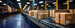 conveyor belt in a distribution warehouse with row of cardboard box packages for e-commerce delivery  and automated logistics concepts as wide banner with copysapce area - Generative AI