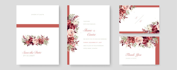 Vector wedding invitation card template set with watercolor floral and gold glitter decoration
