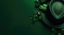 St Patrick's With Green Leaves And Green Hat On Green Pastel Background For Banner Design