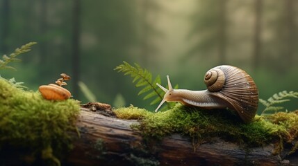 Wall Mural - A slow grape snail crawls up the bark of a tree overgrown with moss, with text space can use for advertising, ads, branding