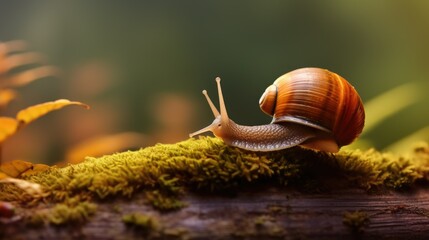 A slow grape snail crawls up the bark of a tree overgrown with moss, with text space can use for advertising, ads, branding