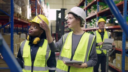 Wall Mural - Diverse industrial worker team working in manufacturing plant together. 