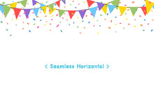 Seamless Horizontal Celebrate Colorful Flag Garlands With Confetti Party Isolated On White Background. Birthday, Christmas, Anniversary, And Festival Concepts. Vector Illustration Flat Cartoon Design.