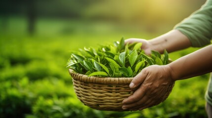 picking tip of green tea leaf with a bamboo basket by human hand on tea plantation hill during early morning. closeup of woman's hands keep tea leaf