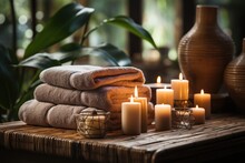 Brown Towels With Bamboo Sticks And Candles For Spa Massages And Body Treatments. Decorated With Candles, Spa Stones, And Salt On A Wooden Floor. The Spa And Wellness Center Is Ready For Beauty.