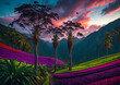 A surreal, dreamlike scene of the Cocora Valley in Colombia, with its vibrant colors and surreal lighting.