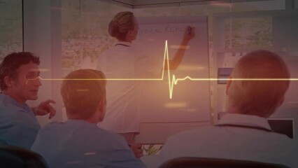 Poster - Animation of medical data processing over caucasian female doctor giving presentation