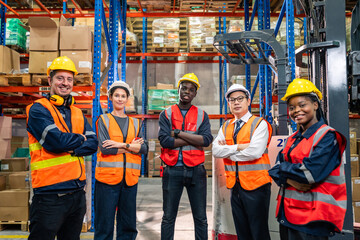 portrait group of diverse industry worker working in factory warehouse.