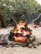 Bone fire burning in campsite with yellow flames surrounded by green tropical jungle in Tulum on a cloudy afternoon 