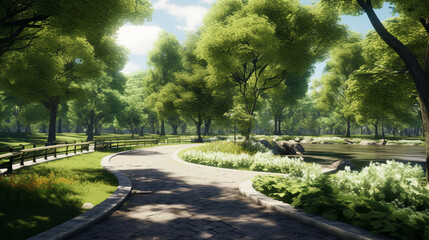 park landscape scene with green trees and walking paths for relaxation on sunny day. generative AI