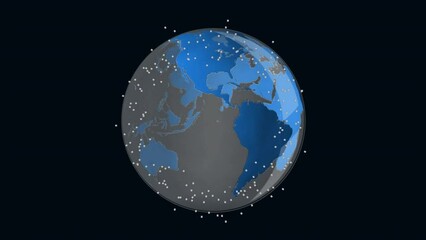 Poster - Animation of dots over spinning globe icon against black background