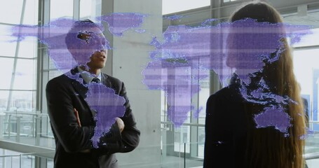 Poster - Animation of world map against diverse businessman and businesswoman discussing at office