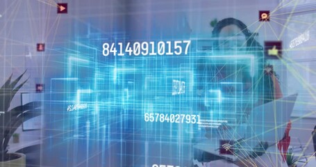 Poster - Animation of connected icons globe and changing numbers, diverse coworkers discussing reports