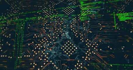 Poster - Animation of illuminated circuit board pattern over computer language against black background