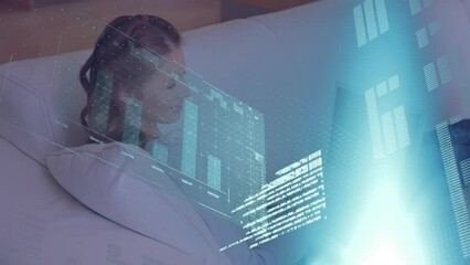 Poster - Animation of interface with data processing over happy caucasian woman using a laptop on the couch
