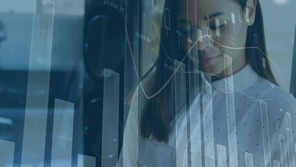 Poster - Animation of statistical data processing against portrait of biracial woman smiling at office