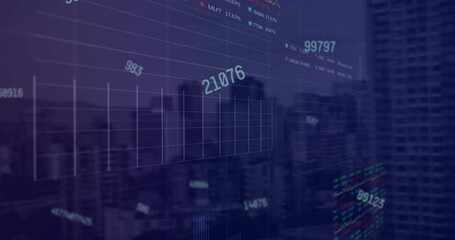 Poster - Animation of changing numbers, statistical and stock market data processing against cityscape