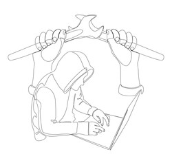 Wall Mural - One continuous line of Computer Hacker with Laptop and Wrench. Thin Line Illustration vector concept. Contour Drawing Creative ideas.