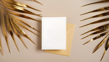 white paper on the background, Invitation card mockup with golden palm leaves on beige pastel background., copy space, Template blank of white paper mock up for branding and advertising, Top view, fla