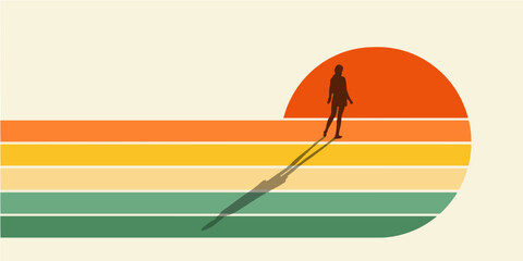 A young woman stands in a graphic sunset setting isolated on the background in this illustration about vision, the future, thoughtfulness, isolation and many other possible themes.