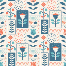 Stylized Nordic Seamless Background. Simple Naive Rustic Motifs. Minimalist Folk Floral Shapes. Tile Print For Patchwork Or Fabric. Scandinavia Ornamental Graphic With Flowers And Leaves.
