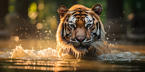 Wall Mural -  A large Bengal tiger emerges from the water,Generative AI