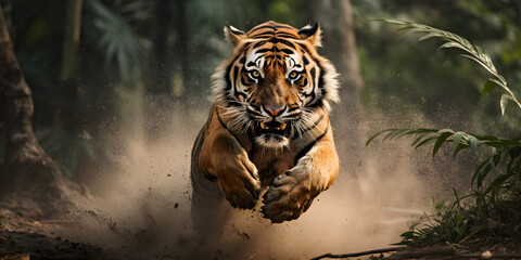 bengal tiger run across the vast plains, burly bodies, swift movements, generative ai