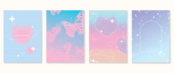 Idol lover posters set. Cute gradient holographic background vector with pastel colors, heart, butterflies, sparkle. Y2k trendy wallpaper design for social media, cards, banner, flyer, brochure.