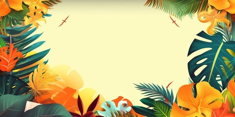 Wall Mural - watercolor palm tree tropical leaf on a sunset yellow background