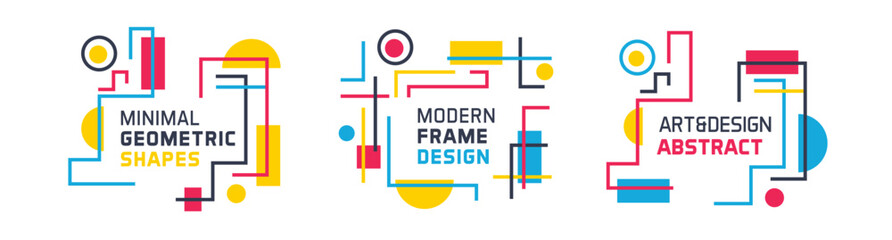 Aufkleber - Modern graphic design text boxes. Set of abstract vector art illustrations to place your text. Dynamic linear strokes and geometric shapes in red, blue and yellow