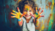 © Pro Hi-Res - Portrait of a funny child girl shows hands dirty with paint.