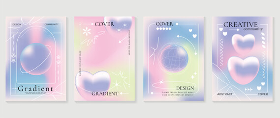 idol lover posters set. cute gradient holographic background vector with pastel colors, 3d heart, fl