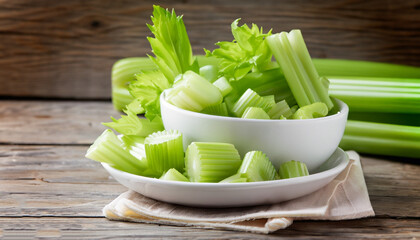 Wall Mural - Fresh sliced celery in a white bowl on a vintage wooden background, selective focus