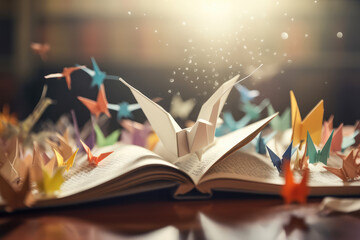 Knowledge concept featuring an open book with an origami bird taking flight, surrounded by abstract paper birds. A library setting enriches the scene, inspiring discovery and learning, generative AI