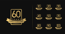 Set Of Anniversary Logo With Luxury Style. 10, 20, 30, 40, 50, 60, 70, 80, 90, 100, Birthday Symbol Collections