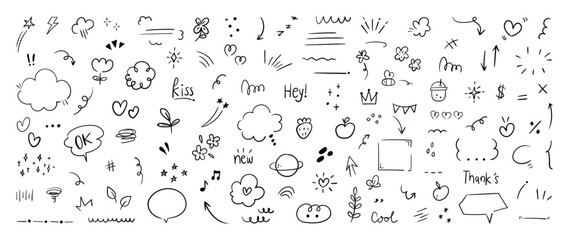set of cute pen line doodle element vector. hand drawn doodle style collection of heart, arrows, scr