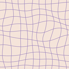 Groovy Checkered Seamless Pattern With Lilac Wavy Lines. Psychedelic Abstract Background In 1970s Retro Style