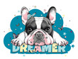 Cute  lying french bulldog with butterflies and stars. Dreamer illustration. Stylish summer picture for printing on any surface