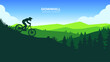 Descent down the mountain vector silhouette landscape. Downhill vector illustration. Descent from the mountain on a bicycle against a background of mountains. 