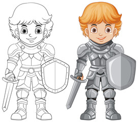 Wall Mural - Cartoon knight boy cartoon character with doodle outline for colouring