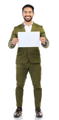 Aufkleber - Mockup, paper and portrait of business man on png for presentation, advertising and idea. Poster, space and promotion with person isolated on transparent background for information, show and graphic