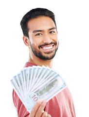 Wall Mural - Money fan, cash and dollars with man in portrait, success with investment or reward isolated on transparent png background. Financial freedom, profit and male person with prize, wealth and cashback