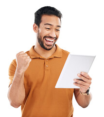 Poster - Tablet news, winner or happy man with success, goals or bonus isolated on transparent png background. Excited, reading or Asian person in celebration fist pump, victory announcement or notification