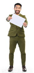 Aufkleber - Mockup, poster and portrait of asian man with billboard on isolated, transparent or png background. Face, smile and male person with timeline, space and checklist, presentation and how to process