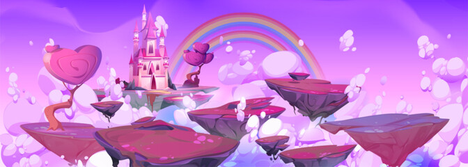 Poster - purple fantasy sky with floating island and magic castle cartoon illustration. fairytale mobile rpg 