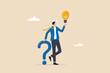 Question and answer, q and a or solution to solve problem, FAQ frequently asked question, help or creative thinking idea concept, smart businessman holding question mark sign and lightbulb solution.