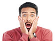 Portrait, wow and asian man surprised by wtf news on isolated, transparent or png background. Omg, face and male customer shocked by giveaway, promo or coming soon sale, deal or discount with emoji